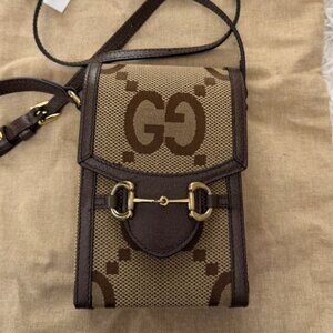 GUCCI Monogram Jumbo GG Textured Calfskin Mini Horsebit 1955 Crossbody Bag in Ca